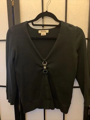 Michael Kors 女式毛衣小号黑色棉混纺皮革口音 V 领 — 第 1/4 张图片