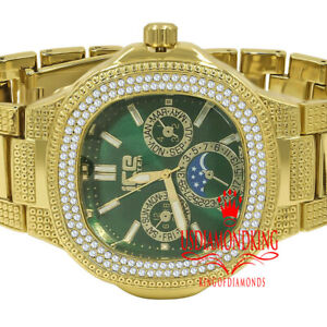 Mens Green Dial Gold Tone Simulated Diamonds Stainless Steel Back Analog Watch