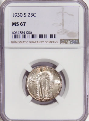 1930-S 25c NGC MS 67 ~ LOW POP STANDING LIBERTY QUARTER LOOKS FULL HEAD - Image 1 of 2