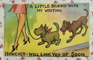 Tarjeta postal de lino vintage de dibujos animados de perros caminando con tacones de mujer sin usar de los años 30 - Imagen 1 de 2
