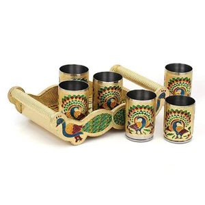 Meenakari Peacock Design 6 Glass with Wooden Golden Meenakari Tray - Picture 1 of 3