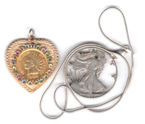 WALKING LIBERTY HALBE $ AUSGESCHNITTENE MÜNZE & 1906 INDISCHER CENT AUSGEFALLENER STRASS ANHÄNGER - Bild 1 von 5
