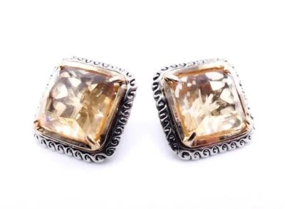 UNIQUE Chunky Antique Silver Cable Filigree Gold Brown Crystal Square Earrings - Image 1 of 4