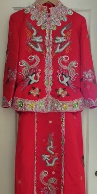 Chinese Wedding Dress 2 Pc Size S to M 6 to 8 Red Beaded Traditional Bridal Gown - Image 1 of 4