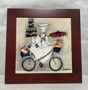 Chef Trivet Framed Tile Jennifer Garant Riding Bicycle With Wine & Bread Signed - Picture 1 of 18