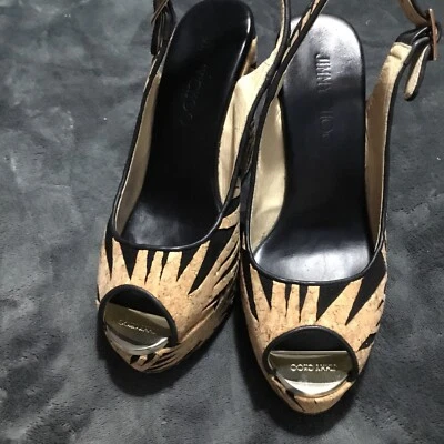 Jimmy Choo черный желтовато-коричневый лазерной резки пробковая замша слинга платформе на танкетке каблуки размер 7 - Изображение 1 из 4