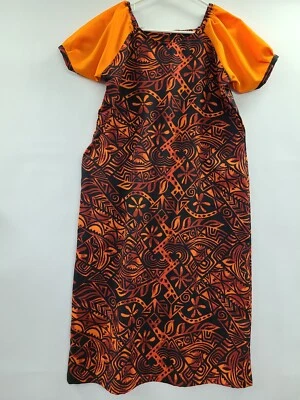Vestido Hawaiano Vintage Talla L Naranja y Negro Midi Estampado Tribal Manga Corta Foto 1 de 4