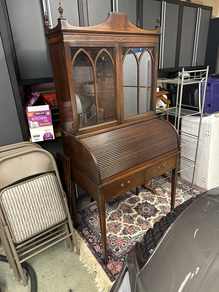 Antique Brass Walnut Leather Desk Secretary Table Rolltop Cylinder Reception - Image 1 of 2