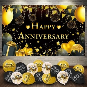 Happy Anniversary Dekorationen Kit - 5,9x3,6 Fuß Banner & 18 Stck. Schwarz, Gold  - Bild 1 von 7