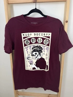 Riot Society 衬衫男式中号勃艮第图案短袖头骨动漫日本 — 第 1/3 张图片