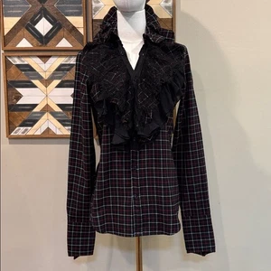Vintage Ralph Lauren Plaid Flannel Silk Lace Ruffled Blouse Black / Red size 8 - Picture 1 of 13