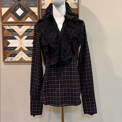 Vintage Ralph Lauren Plaid Flannel Silk Lace Ruffled Blouse Black / Red size 8 - Image 1 of 4