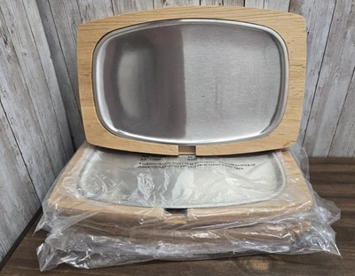 4 件牛排或 Fajita 不锈钢板 带正品木盘服务器 全新 — 第 1/4 张图片