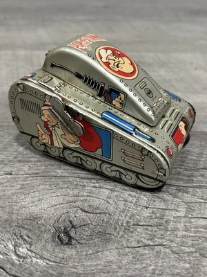 罕见 20 世纪 50 年代 LINE MAR 日本 POPEYE TURNOVER TANK TIN 发条 — 第 1/4 张图片