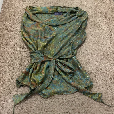 Indie Ella Silk Wrap Top One Size Cowl Neck Floral Olive Green Boho Tie - Image 1 of 4
