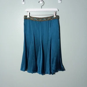 Betsey Johnson Skirt size Medium, 100% Silk Teal Green Trumpet Flutter Y2K VGUC - Picture 1 of 12