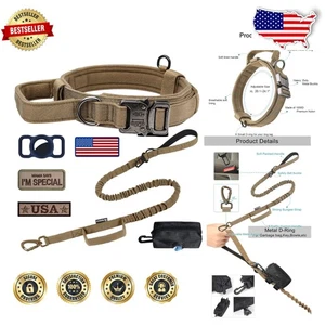 K9 Collar Leash Set XL Brown Heavy Duty Nylon Metal Buckle 3 Patches Airtag Case - Picture 1 of 8