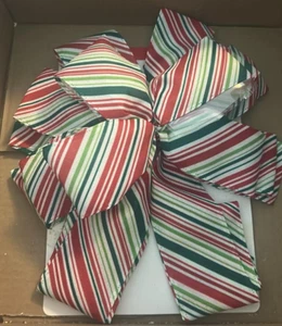 Christmas Tree Topper Bow-Red, White, Green Pinstripes - Picture 1 of 3