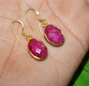 925 SOLID STERLING 24CT GOLD OVERLAY CUT Simulated Ruby EARRING c129 - Picture 1 of 4