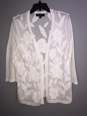 Cárdigan suéter Jones New York Signature para mujer frente abierto talla PL blanco Foto 1 de 4