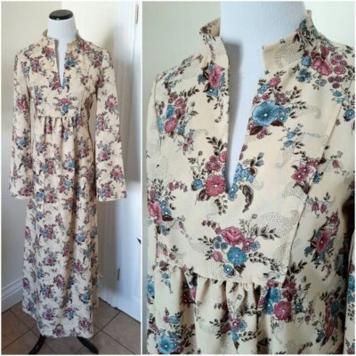 Vintage Bell Sleeve Maxi Dress Long Sleeve 60s/70s Neutral Floral Peasant M - Image 1 of 4