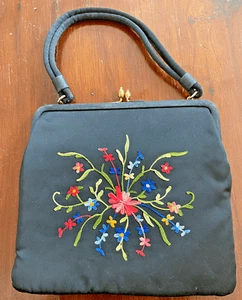 Vintage Black Silk Satin Evening Purse with Tambour Embroidery WW327 - Picture 1 of 5