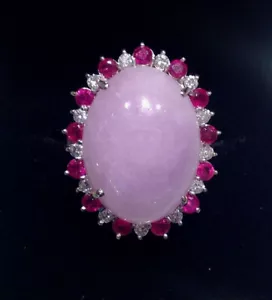 VINTAGE FABULOUS - LAVENDER JADE, RUBY & DIAMOND 14K WHITE GOLD LADY'S RING Sz.9 - Picture 1 of 6