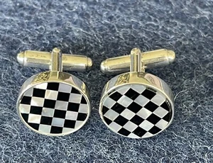 MANCHETTENKNÖPFE RUND SCHACHBRETT  Onyx schwarz/Perlmutt, 925er Silber, Drehsteg - Bild 1 von 2