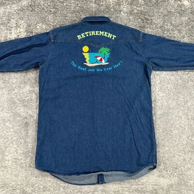 Key Western Shirt Mens XLT Blue Denim Pearl Snap Retirement Graphic Funny Logo - Image 1 of 4