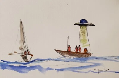JOSE TRUJILLO Watercolor Painting Collectible ORIGINAL Seascape UFO Boats - Image 1 of 4