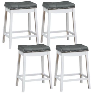 Set of 4 Nailhead Saddle Bar Stools 24" Counter Stools White with Grey Cushion - Picture 1 of 9