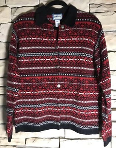 PENDLETON Vtg Button Up 100% Wool Cardigan Sweater Red Fair Isle - Women’s Sz M - Picture 1 of 7