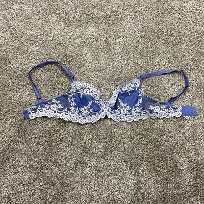 Wacoal bra Lace Underwire 32D Blue White Sheer Floral sexy Transparent - Image 1 of 4