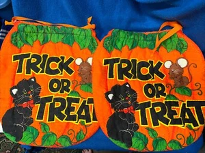 Vintage Halloween Trick or Treat Kordelzugbeutel Kürbis Katze 80er 2er Set - Bild 1 von 7