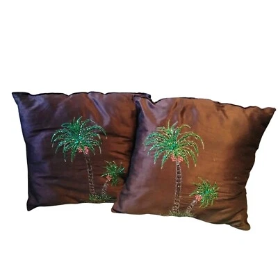 Lote 2 Almohadas Tiki Costeras Tropicales Bordadas con Cuentas Palmera Marrón Foto 1 de 4