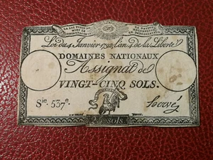 ASSIGNAT 25 VINGT-CINQ-SOLS / Loi du 4 janvier 1792 / Série 537e / signé HERVE - Picture 1 of 2