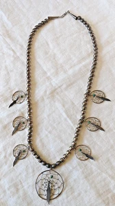 RARE NAVAJO DREAM CATCHER STERLING TURQUOISE SQUASH BLOSSOM NECKLACE 26" Long - Picture 1 of 6