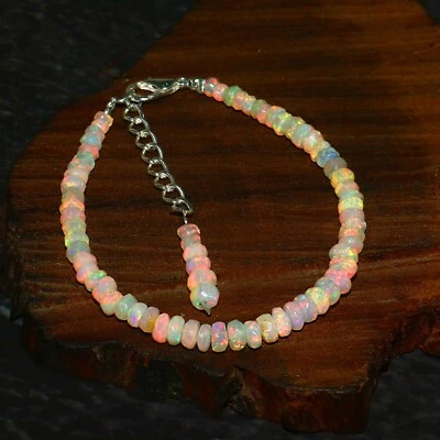 Natural Ethiopian Fire White Opal Faceted Beads 925 Sterling Silver Bracelet. - Image 1 of 3