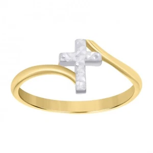 Real 10kt Two Tone Gold Womens Cross Religious Ring Band Size 7 - Picture 1 of 1