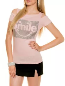 Sexy Miss Women Girly Glitter Rhinestone Smile Top Cut Shirt Freesize XS/S Pink - Picture 1 of 9
