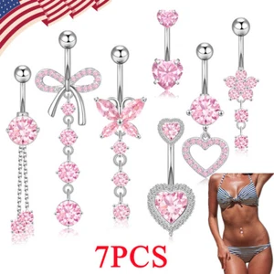 7Pcs 14G Stainless Steel CZ Dangle Belly Button Rings Navel Rings Body Piercing - Picture 1 of 8