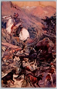 Vintage Montana In The Mountains C.M. Russell Rockies Bärenjagd Jagd Kunst Postkarte - Bild 1 von 2