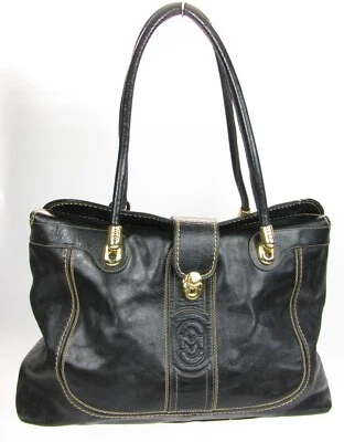 Bolso de Mano Marino Orlandi Grande Cuero Negro Doble Asa Interior Limpio Foto 1 de 4