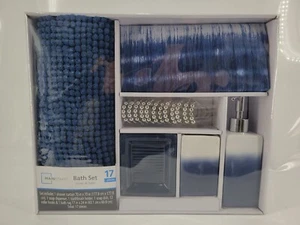 17-PC Bathroom Set - Shower Curtain Rug Soap Dispenser/Dish T-brush Holder Hooks - Picture 1 of 2