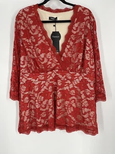 CLOCOLOR women's NWT red lace overlay baby doll top sz 4XL lined quarter sleeve - Picture 1 of 9