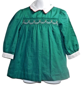 VTG POLLY FLINDERS DRESS GREEN HAND SMOCKED RED BERRIES LONG SLEEVE sz 4T - Picture 1 of 12