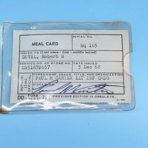 Vietnam Era Army Meal Card 1960s US Base Signed Military Document Robert B DuVal - Picture 1 of 2