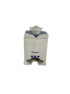 Ceramic Teabag Holder Box Blue Heart Design Teapot Lid Cottage Farmhouse READ - Picture 1 of 11