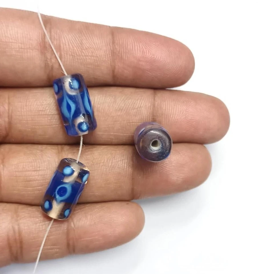 Qty. 20 - 17 x 10mm Shades of Blue Geometric Tube Lampwork Glass Beads - Image 1 of 1