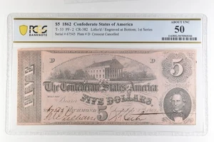 1862 $5 Confederate States Of America T-53 PF-2 CR-382 About Unc 50 PCGS *4390 - Picture 1 of 3